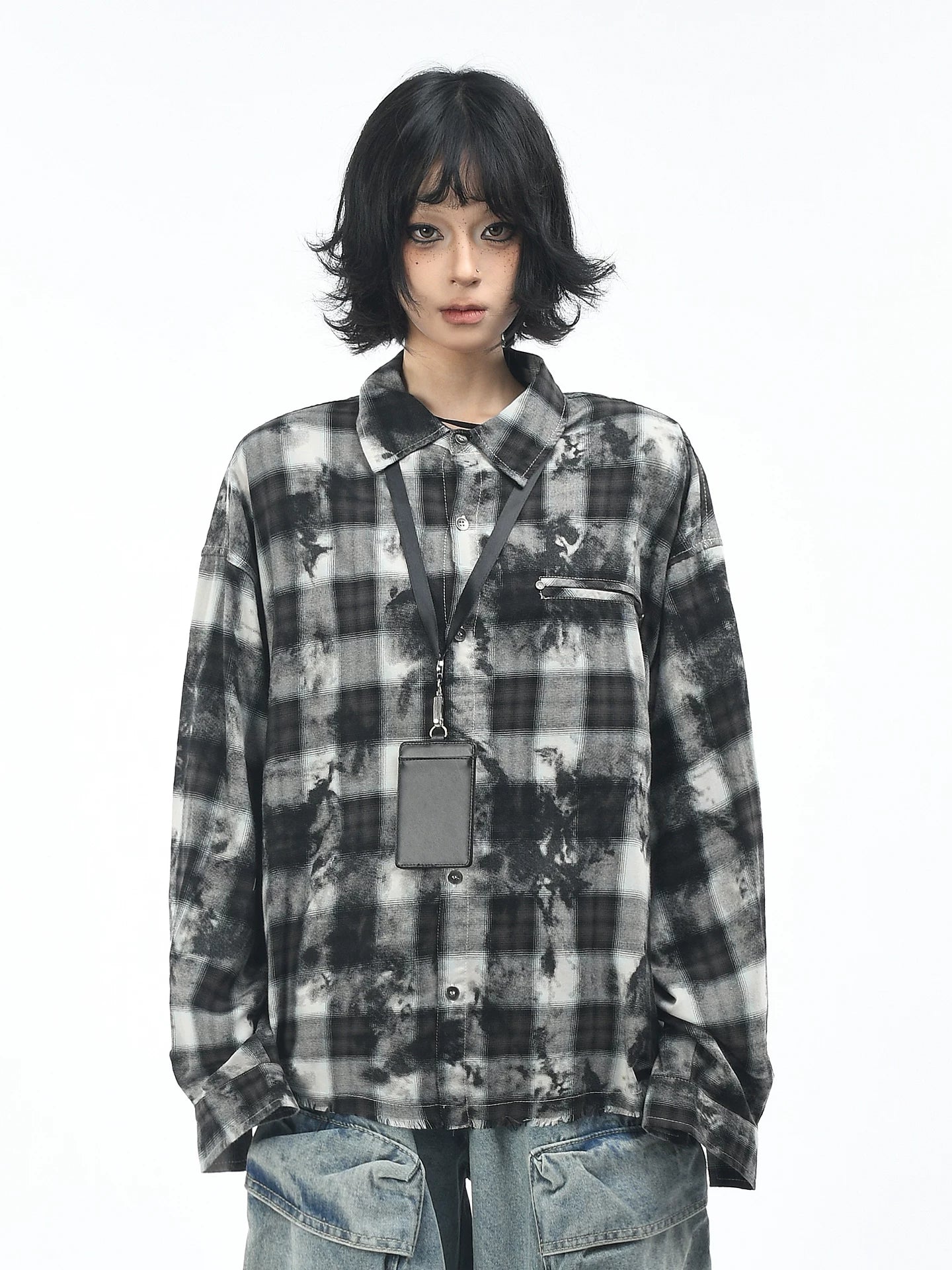 OV original American retro plaid tie dye vintage long sleeved shirt for men and women in autumn, loose and casual, fringed shirt trend