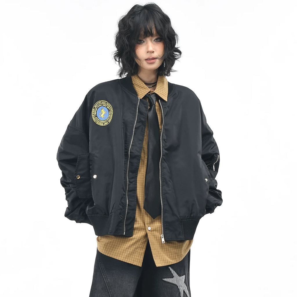 OV original American retro label embroidered baseball jacket for women, autumn loose casual pilot jacket for men, trendy