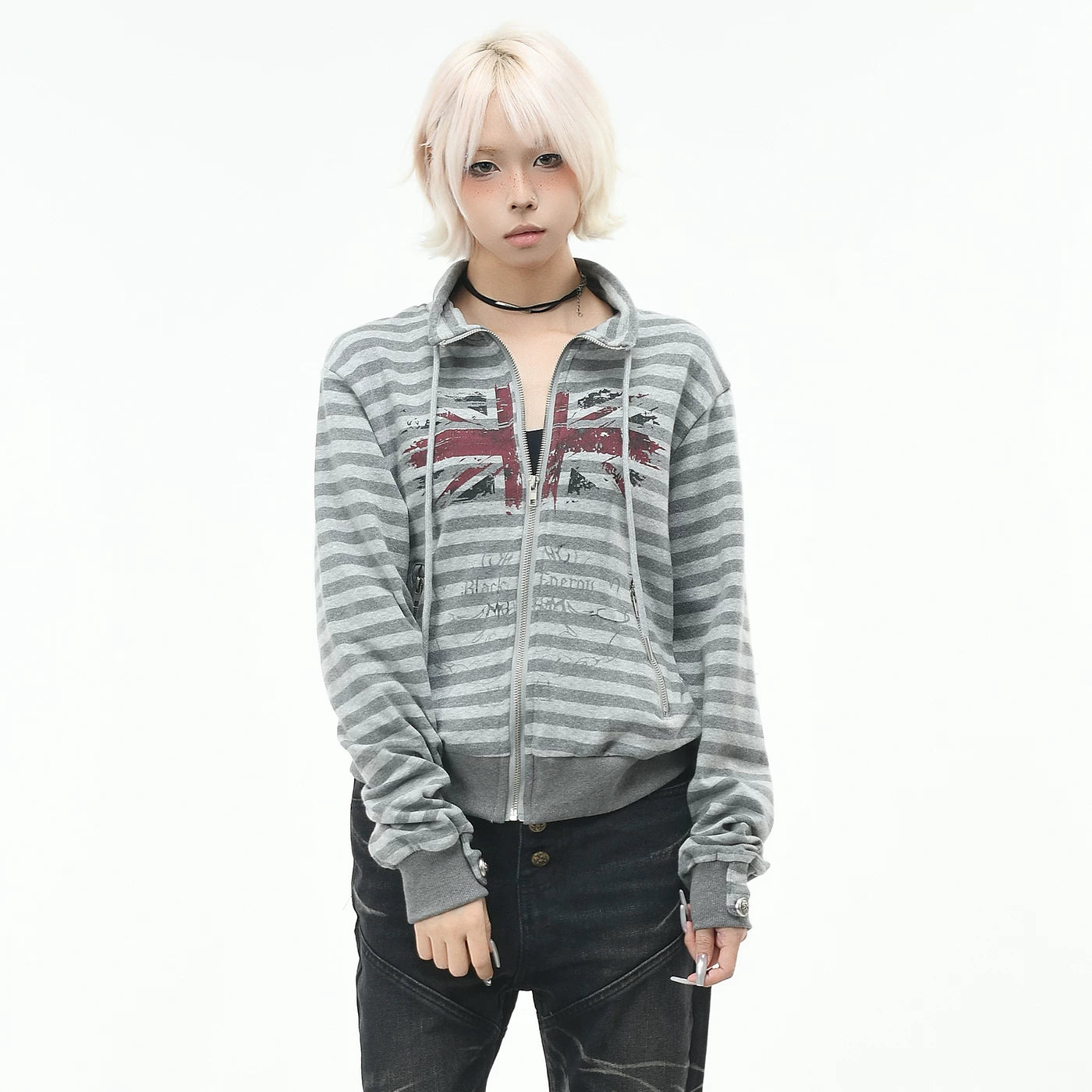 OV original American retro striped stand up collar zipper cardigan sweatshirt for men and women in autumn loose short casual jacket trend