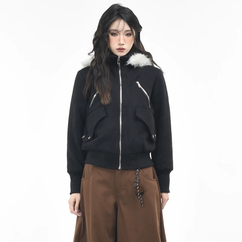 OV original American retro fur collar design with thick fleece hooded jacket for women's winter short, slim and warm cotton jacket