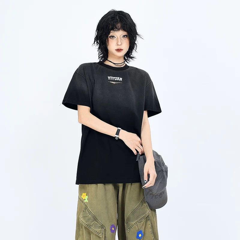 OV original/Summer American retro gradient tie dye short sleeved T-shirt for men and women boxy shoulder Solona cool top