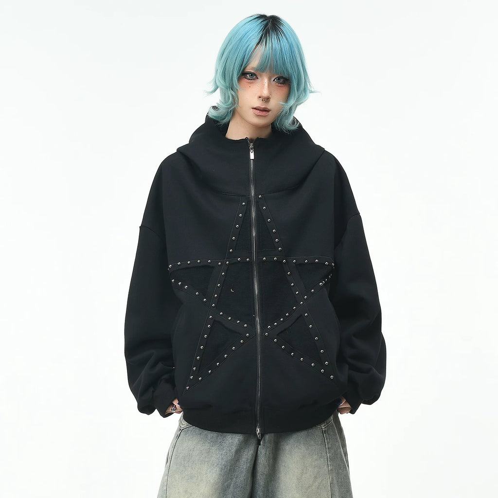 OV original high street retro pentagram rivet design hooded sweatshirt for men and women in autumn trendy brand loose cardigan jacket