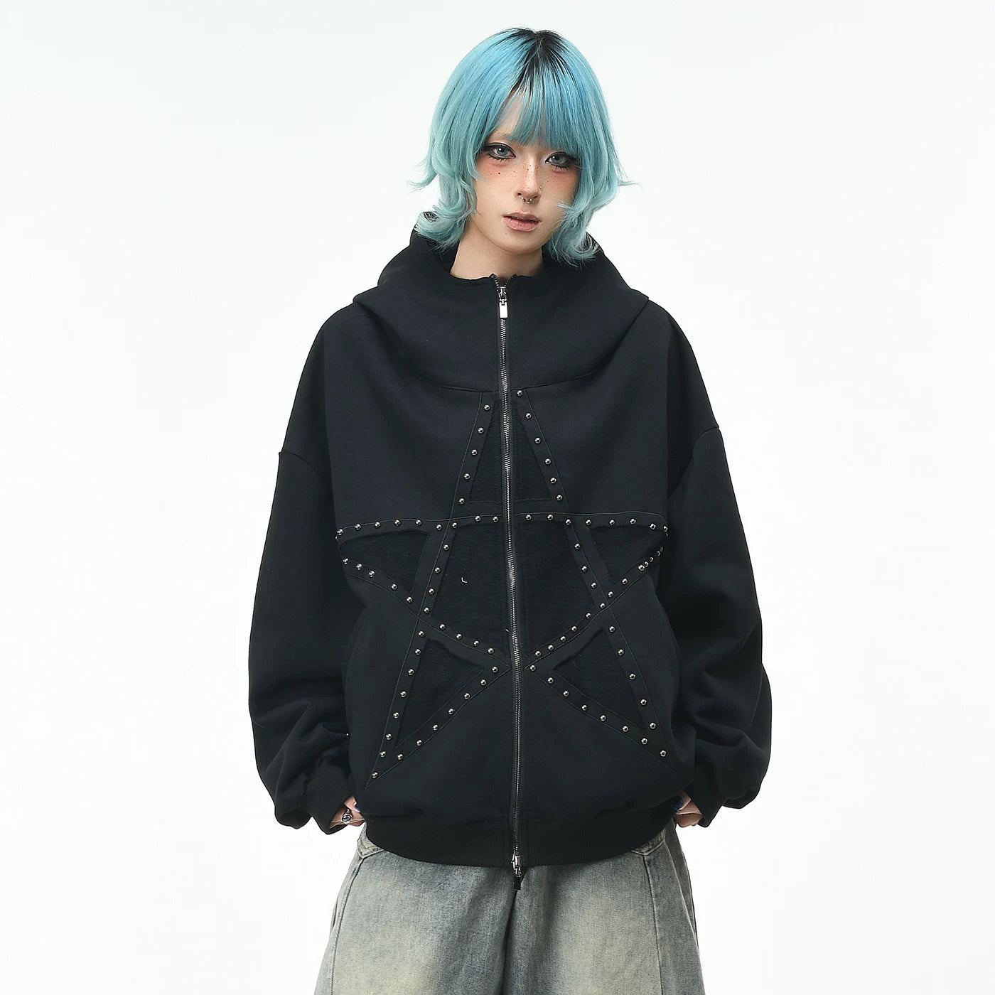 OV original high street retro pentagram rivet design hooded sweatshirt for men and women in autumn trendy brand loose cardigan jacket