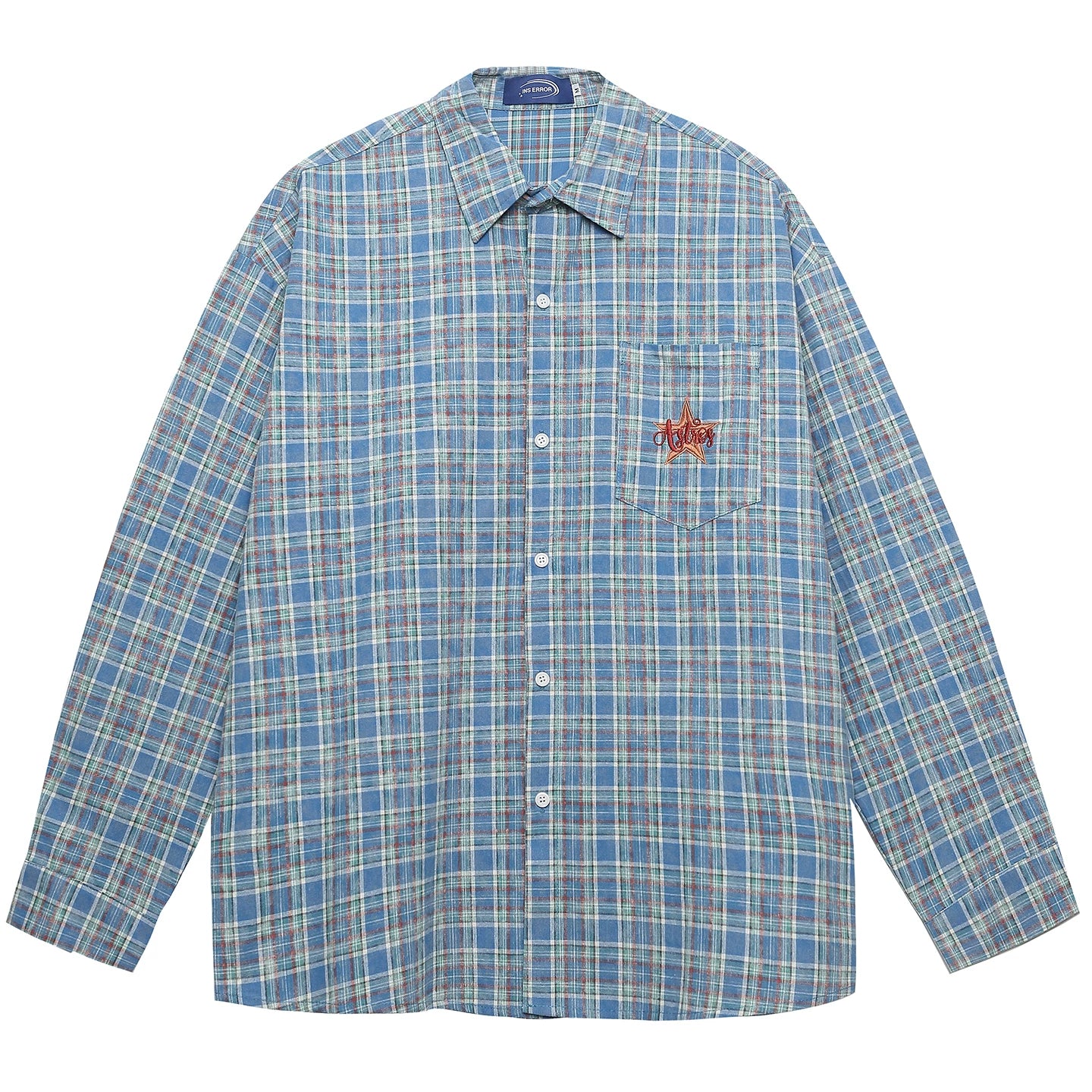 OV original American retro embroidered blue checkered shirt for men and women autumn street loose casual long sleeved shirt trend