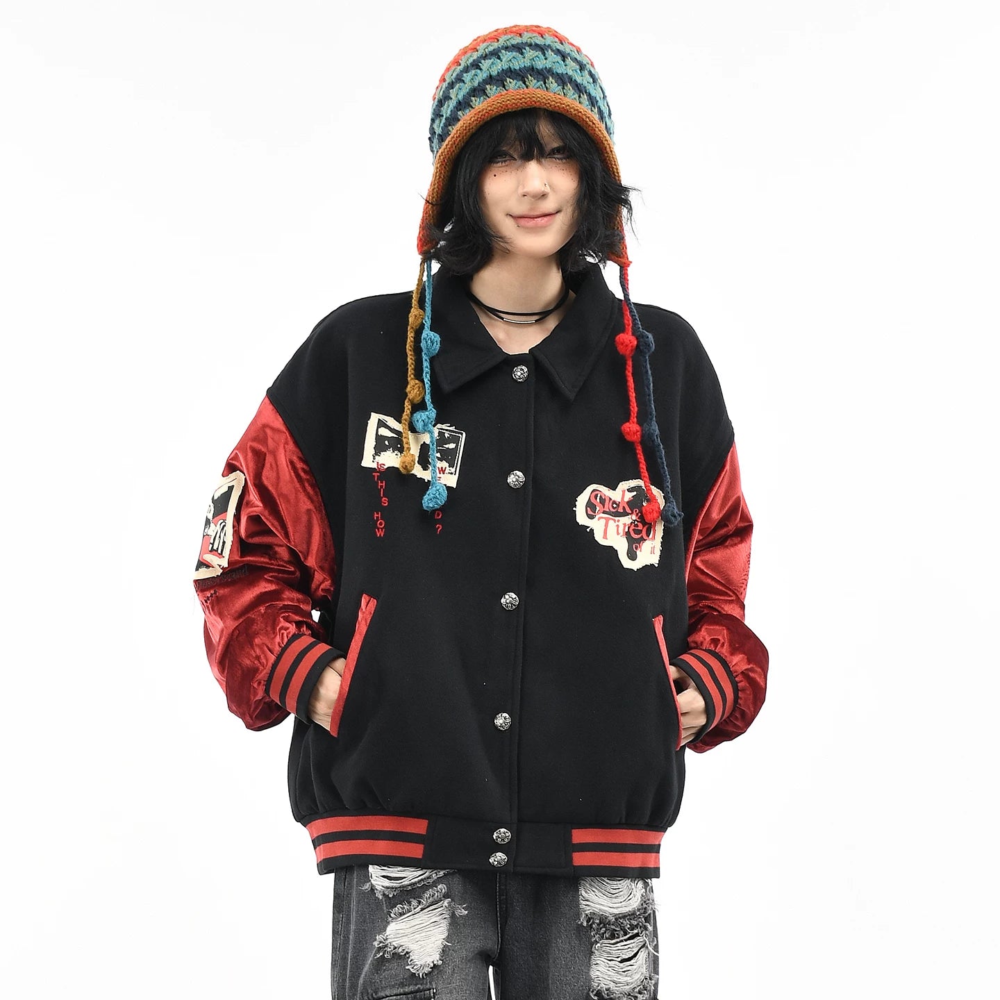 OV original American retro character patch embroidery baseball jacket for women, autumn loose contrasting splicing jacket for men