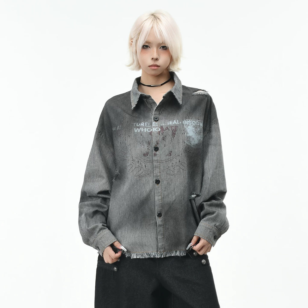 OV original wasteland style vintage striped long sleeved shirt for men and women in autumn, loose gradient perforated and rough edged shirt for the streets