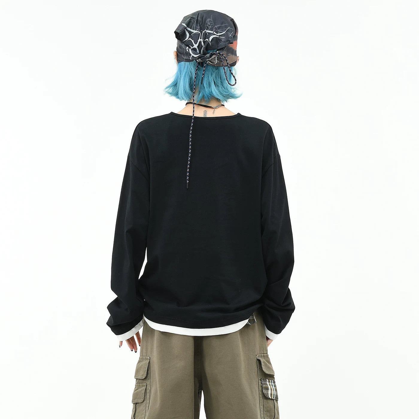 OV original/punk Abi style musical note printed long sleeved T-shirt for men and women autumn loose pile collar fake two-piece top