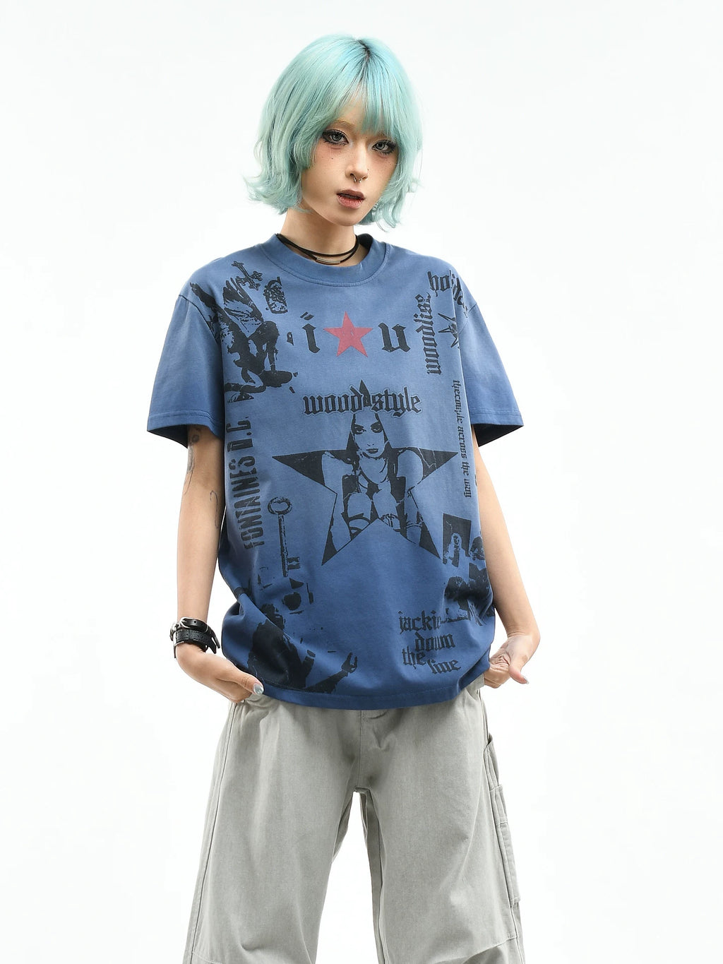 OV original/street light Asian style figure printed short sleeved T-shirt for women in summer, loose, vintage, trendy, cool shoulder top for men