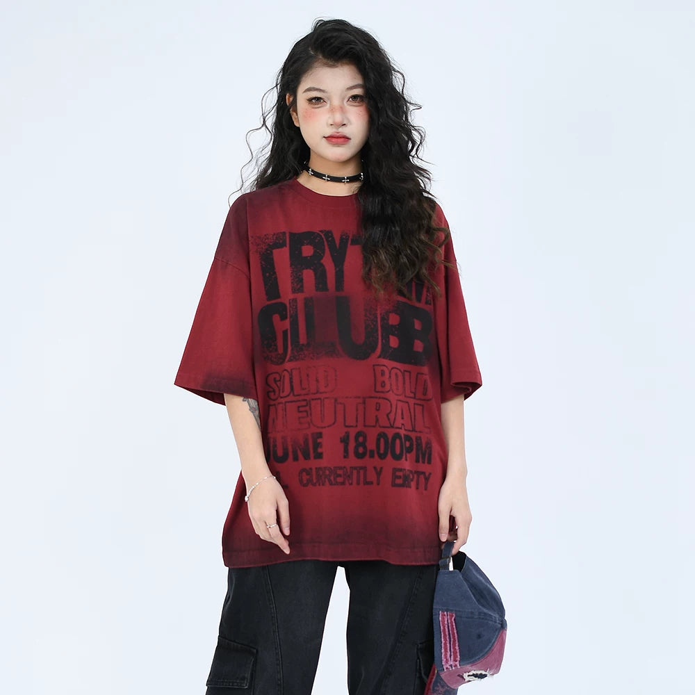 OV Original/Summer American Retro Letter Tie Dyeing for Old Wash Short Sleeve T-shirt for Men and Women Loose Half Sleeve Top Trendy