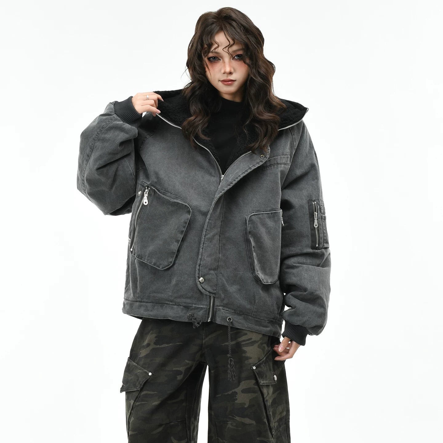 OV原创美式复古做旧加绒加厚连帽棉服女冬季宽松保暖棉衣外套男潮