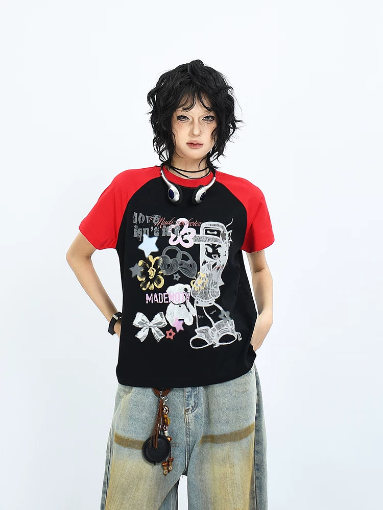OV original/American fun cartoon printed short sleeved T-shirt for women in summer with raglan sleeves and contrasting color front shoulder short top trend