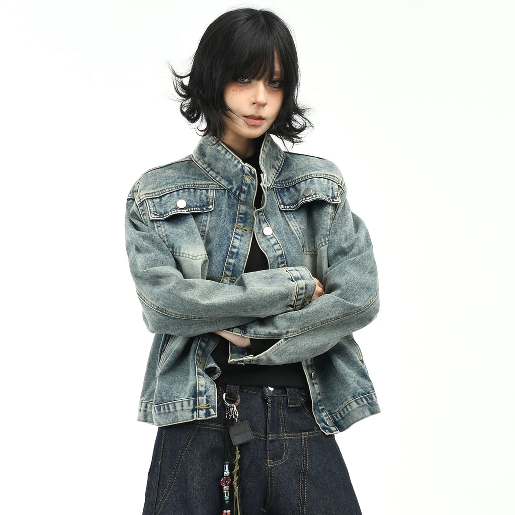 OV original American washed vintage stand up collar denim jacket for women's autumn street ruff and casual short jacket top