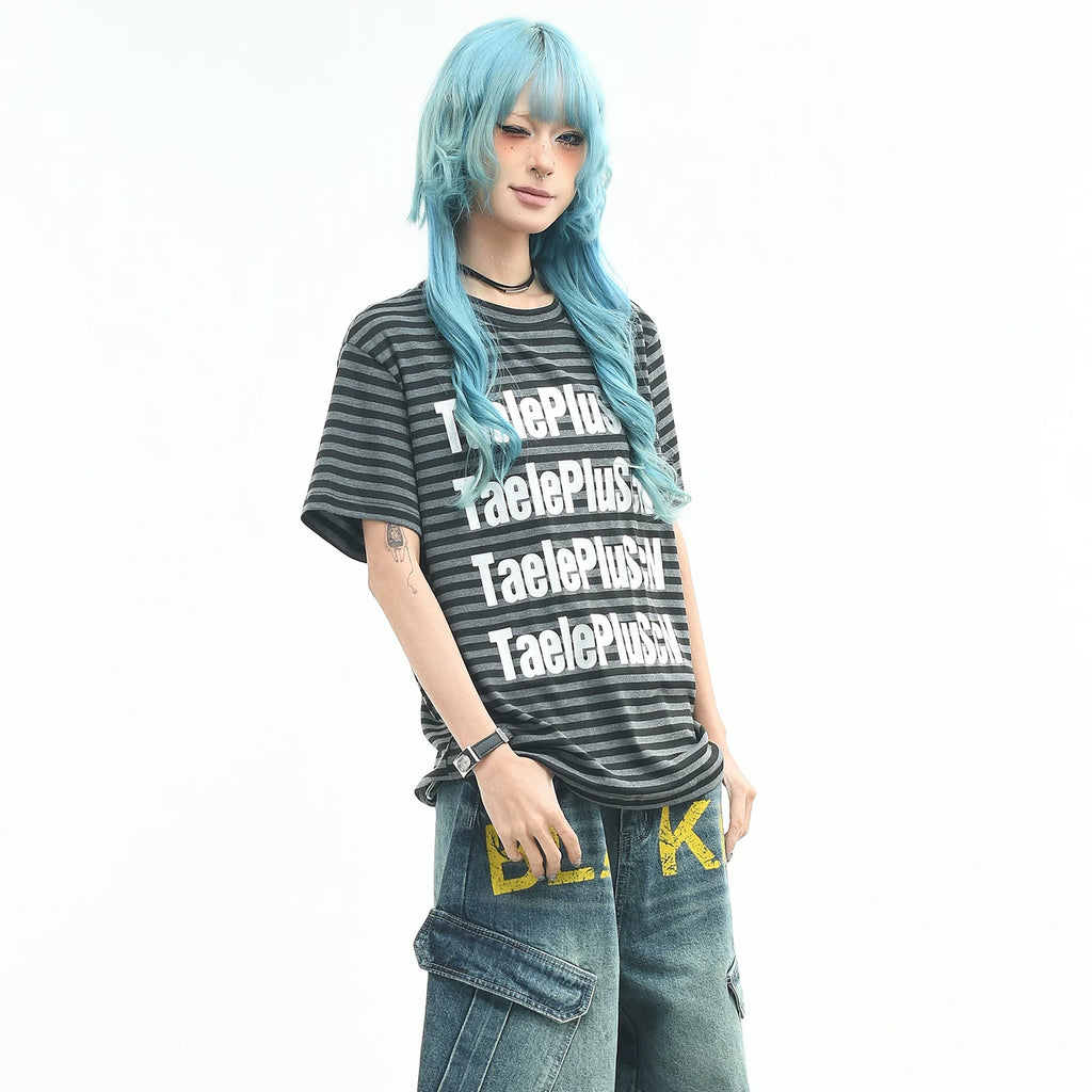 OV original/retro striped letter printed shoulder T-shirt for men and women in summer loose short sleeved niche light Asian top trend