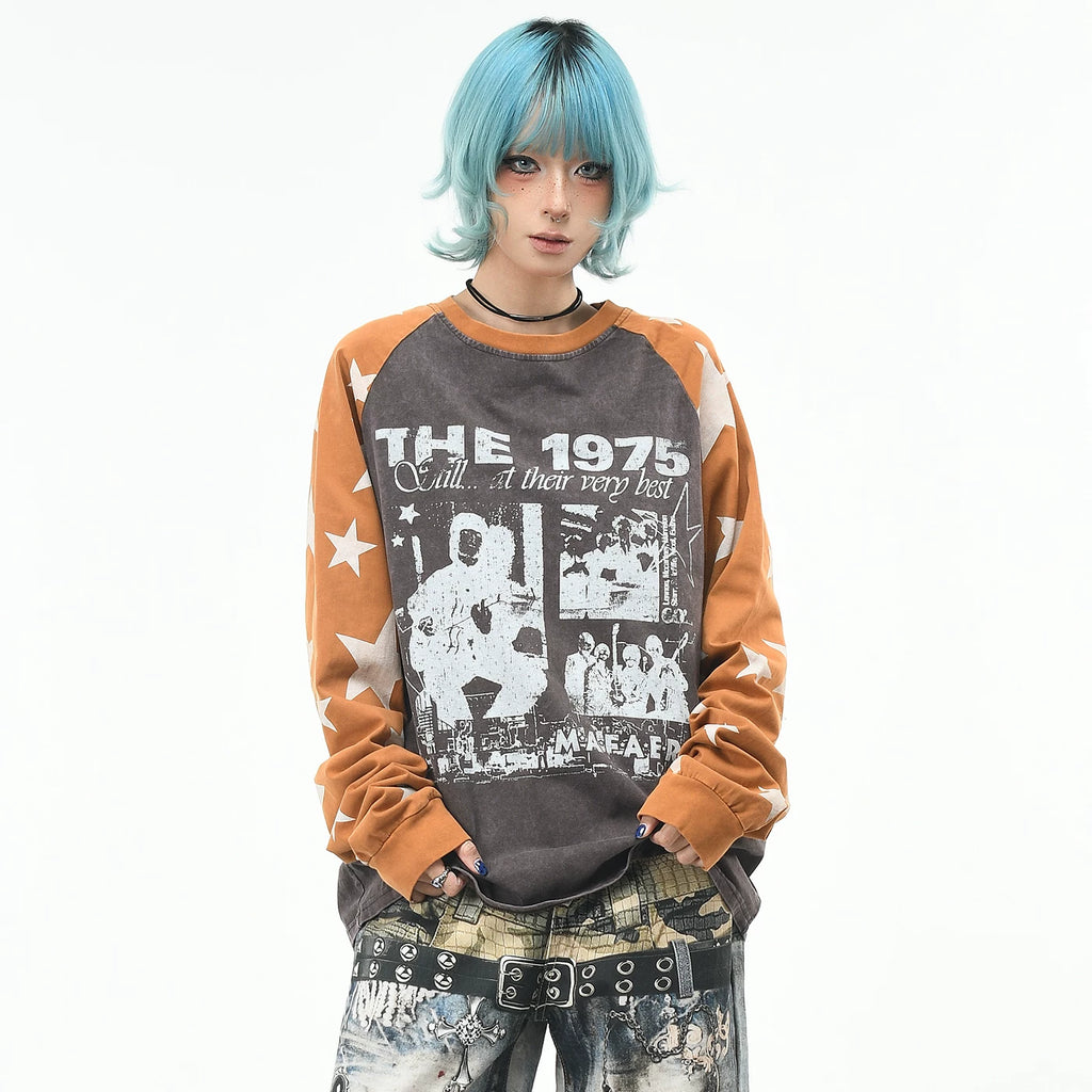 OV original/American hip-hop rock band printed long sleeved T-shirt for women in autumn, loose fitting raglan sleeves, vintage top for men