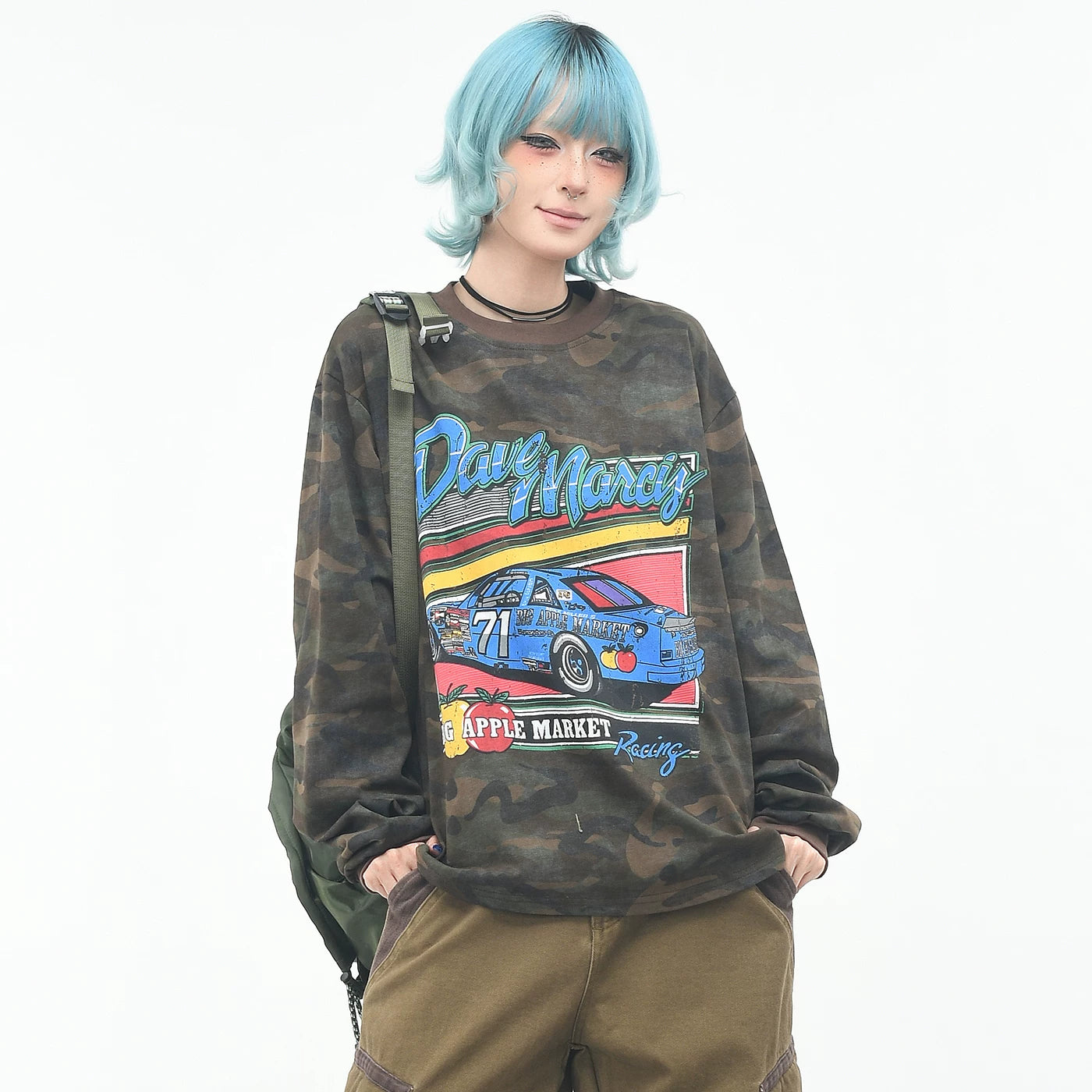 OV Original/American Trendy Brand Racing Printed Camouflage Long sleeved T-shirt for Men and Women in Autumn Loose Hip Hop Color Contrasting Top Trendy