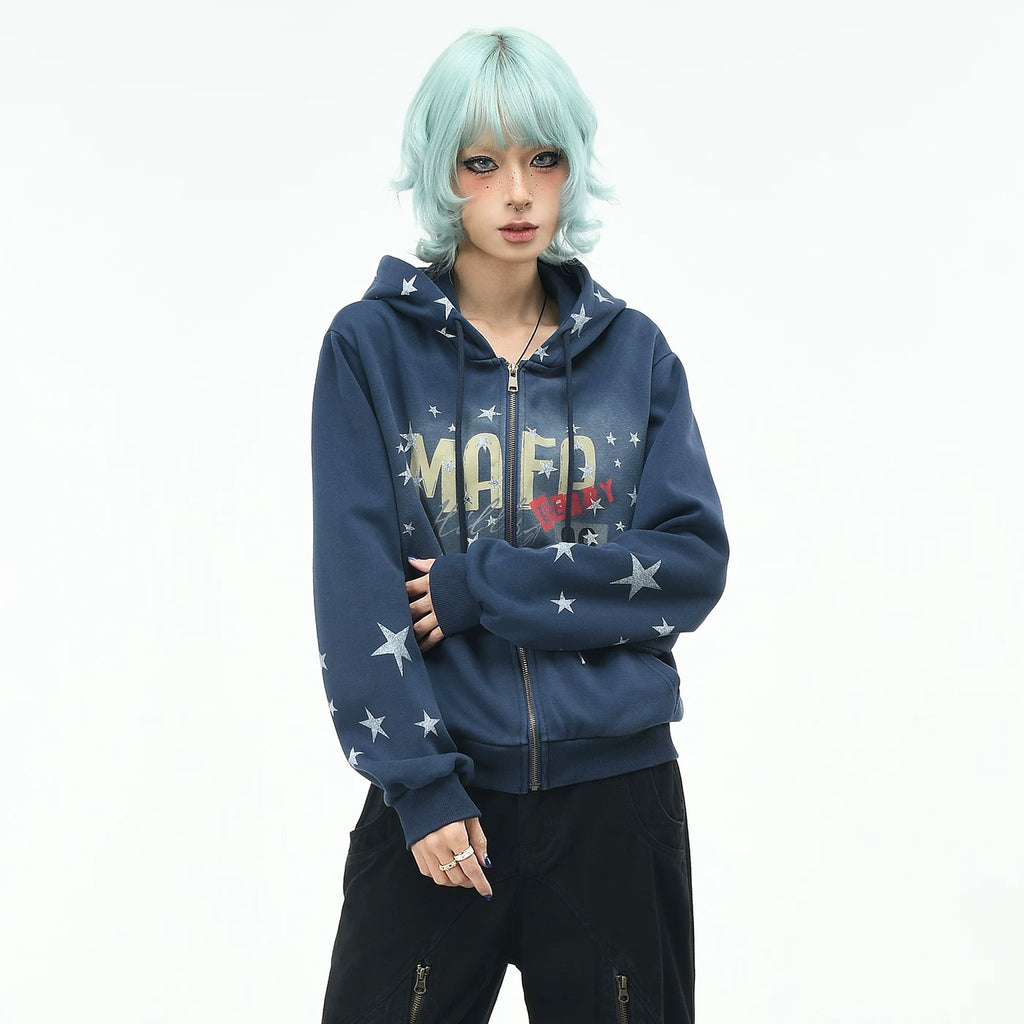 OV original retro star graffiti gradient tie dye hooded sweatshirt for men and women autumn loose short cardigan jacket trendy