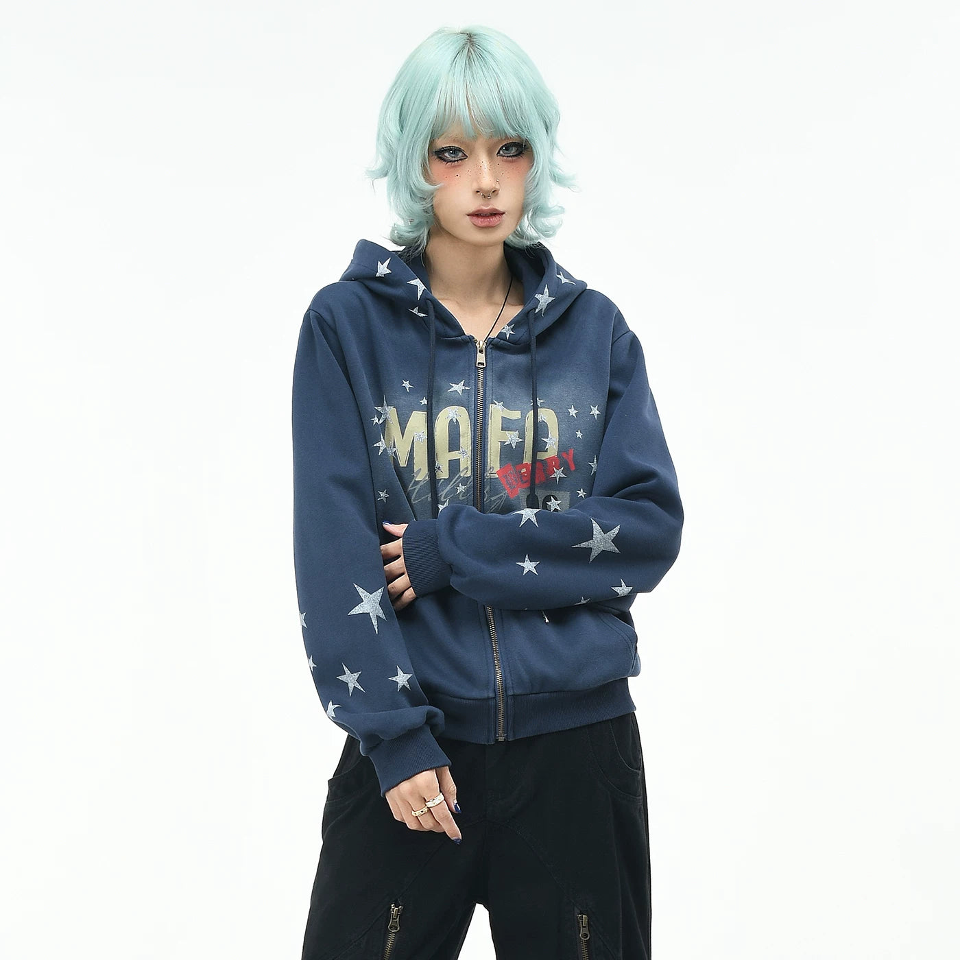 OV original retro star graffiti gradient tie dye hooded sweatshirt for men and women autumn loose short cardigan jacket trendy