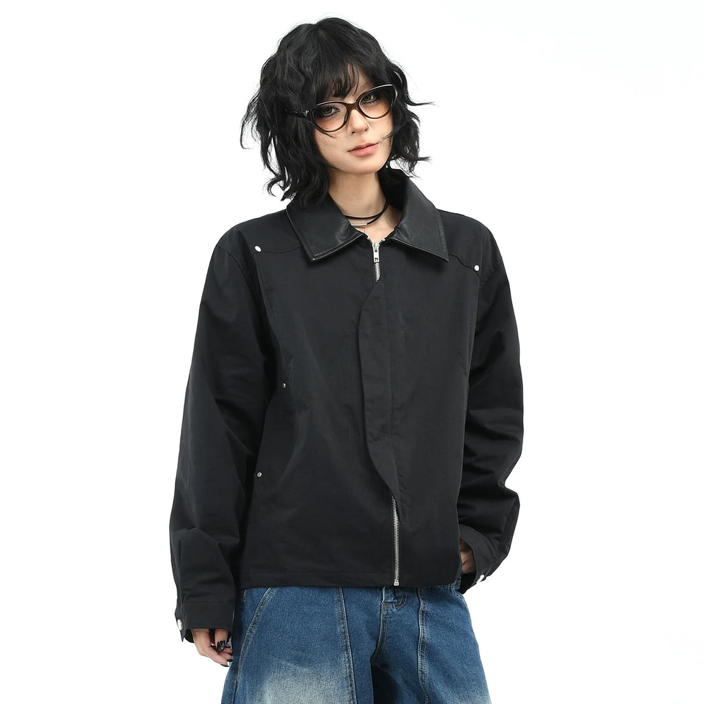 OV original American washed leather collar patchwork short jacket for men and women autumn street fashion brand loose workwear jacket trend