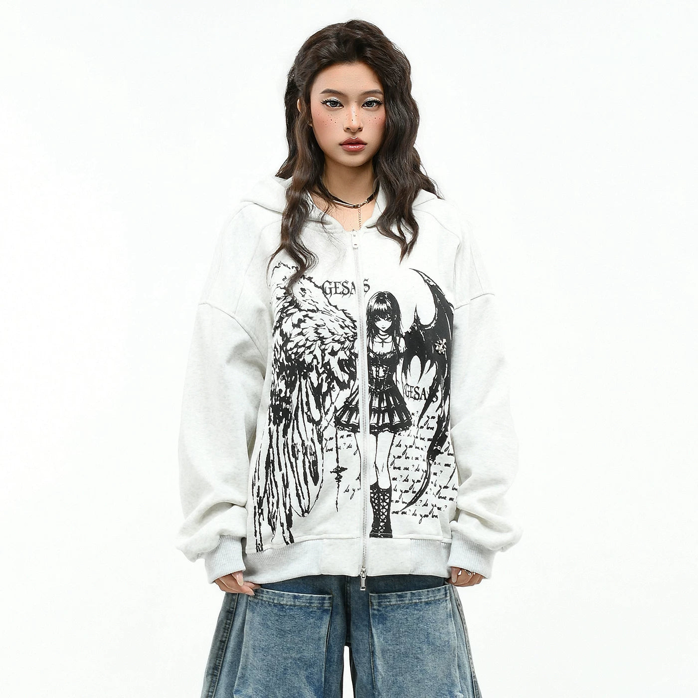 OV original dark gothic style angel print rivet hooded sweatshirt for men and women, autumn loose vintage cardigan jacket