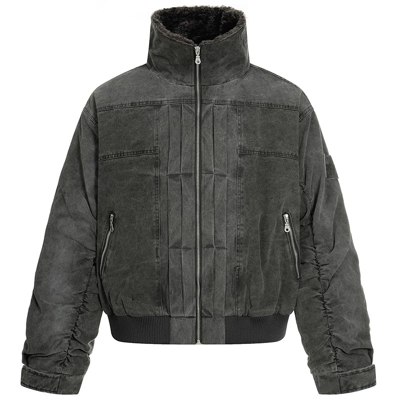 OV original American retro deconstruction silhouette, vintage denim cotton jacket for women in winter, loose and warm with thick velvet and thick coat