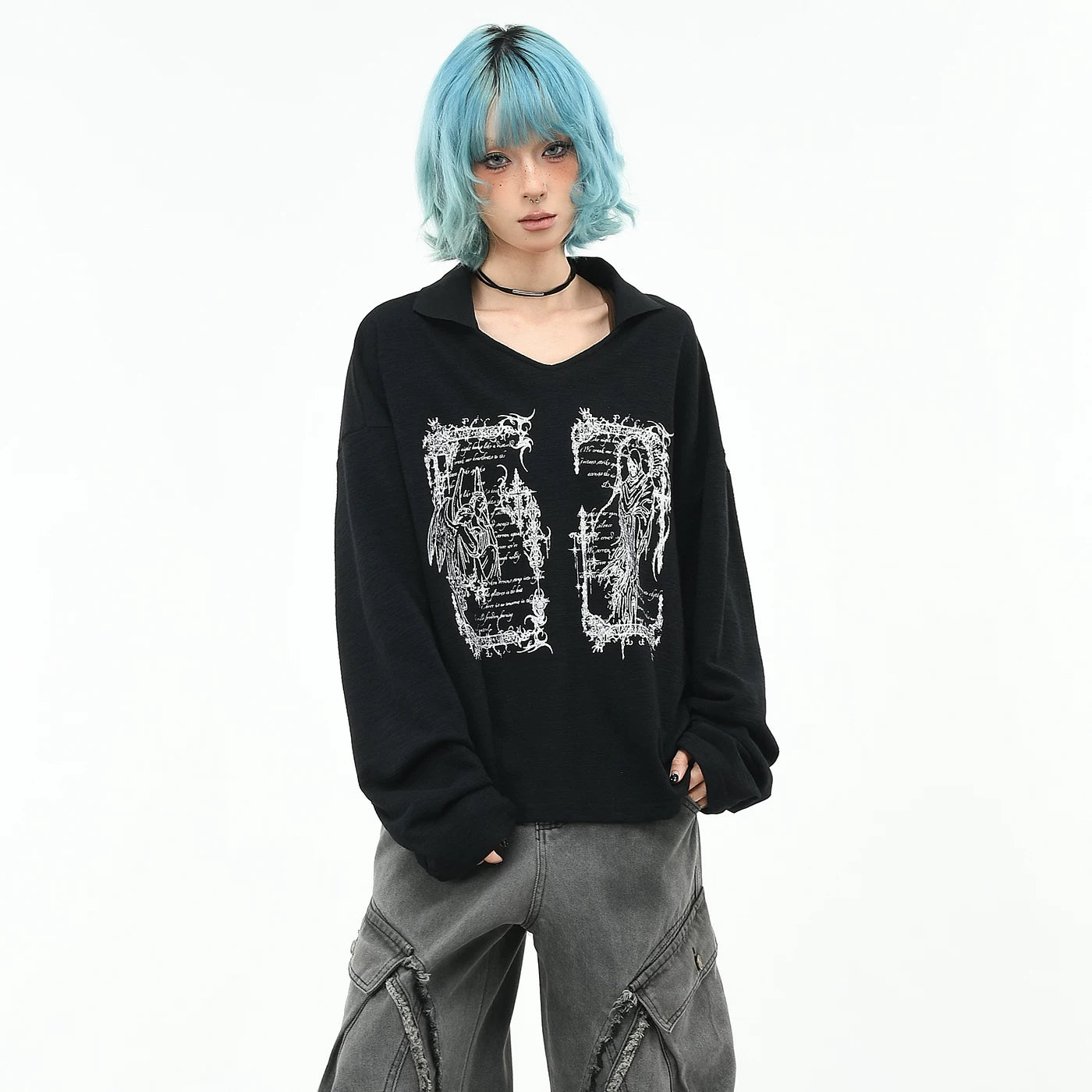 OV original American Death Angel print V-neck long sleeved T-shirt for men and women in autumn, loose subculture, lapel top trend
