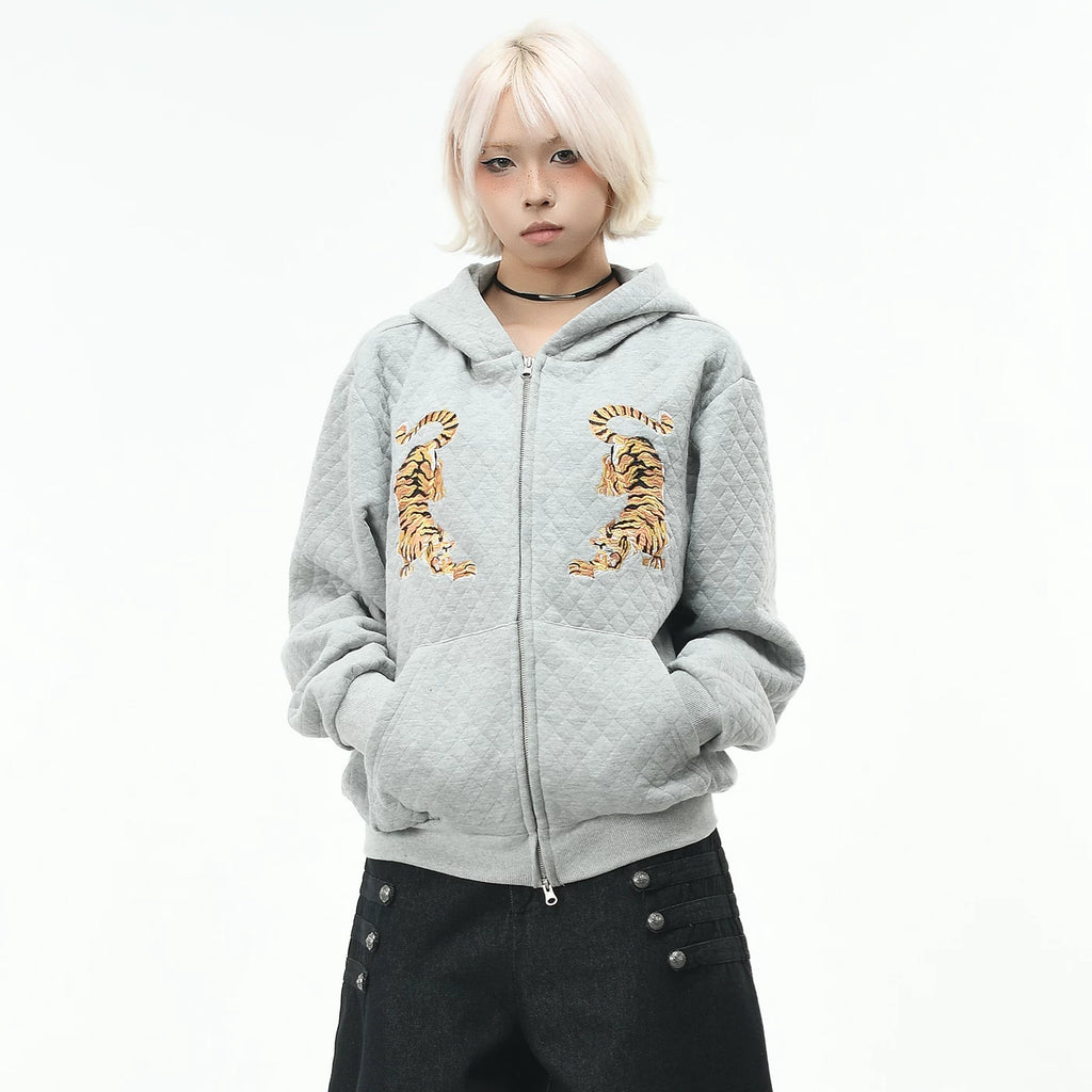OV Original Trendy Brand Tiger Embroidery Diamond Grid Hoodie for Men and Women Autumn Street Loose Zipper cardigan Coat
