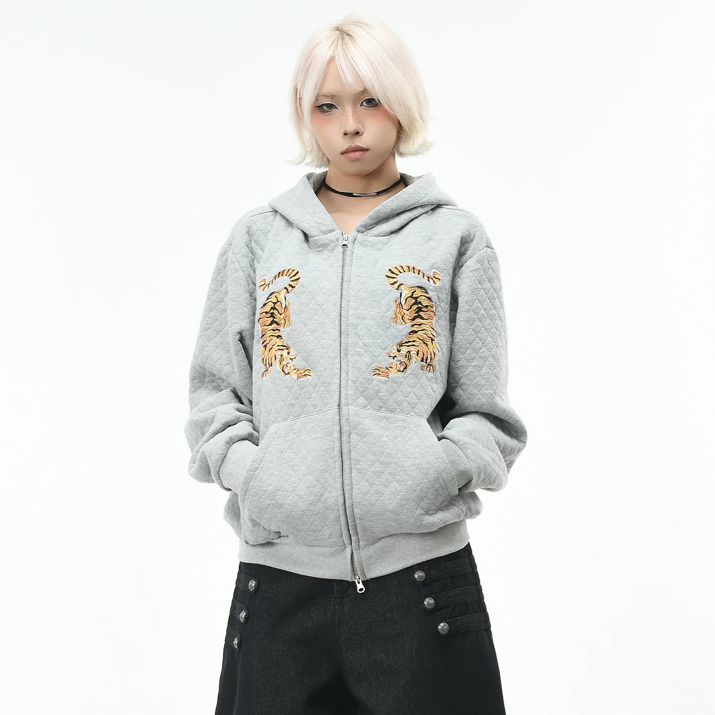 OV Original Trendy Brand Tiger Embroidery Diamond Grid Hoodie for Men and Women Autumn Street Loose Zipper cardigan Coat