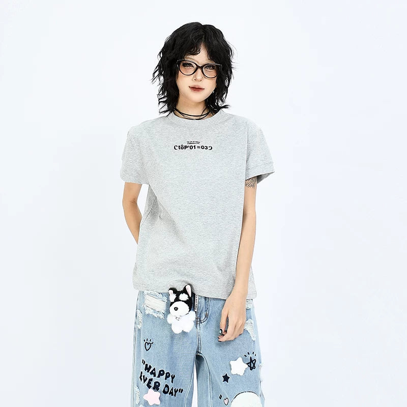 OV Original Summer American Simple Small Letter Printed Shoulder Short T-shirt for Spicy Women, Cool and Slim Short Sleeve Ins