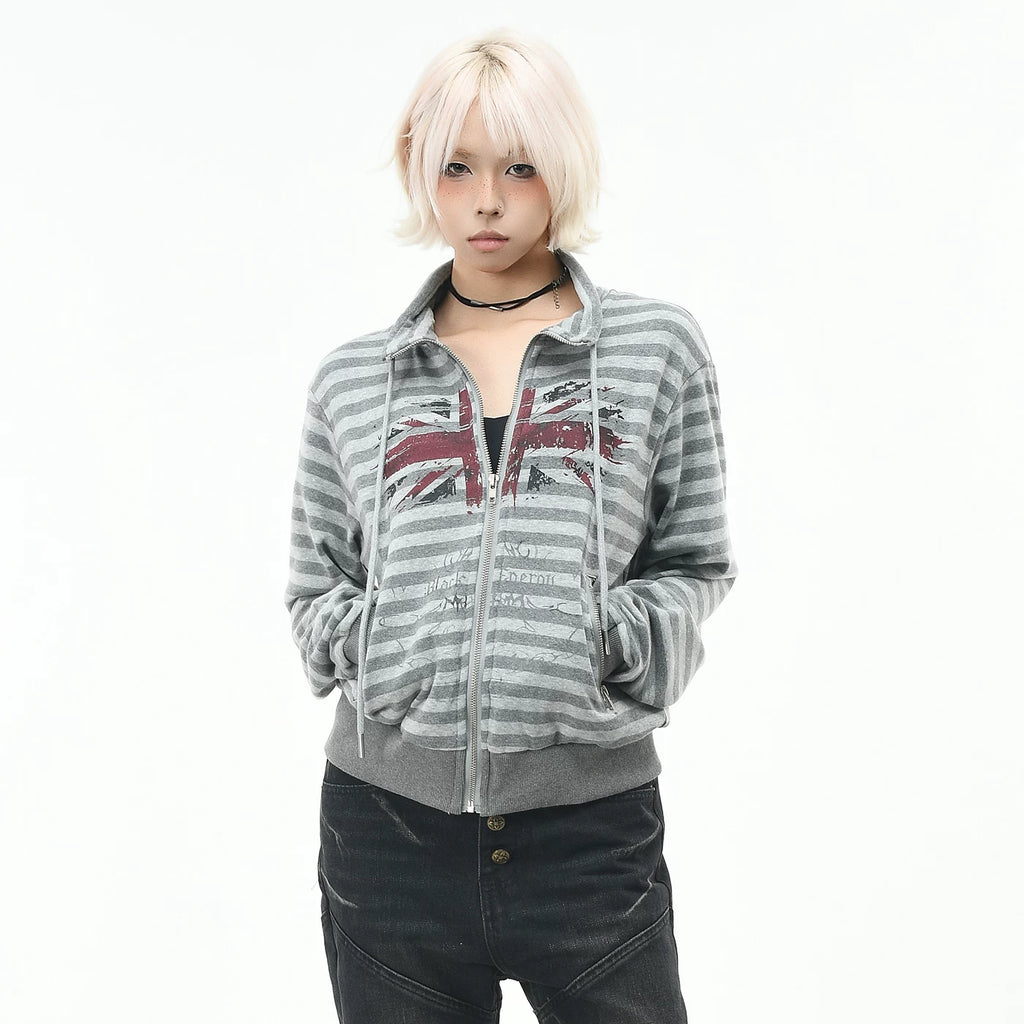 OV original American retro striped stand up collar zipper cardigan sweatshirt for men and women in autumn loose short casual jacket trend
