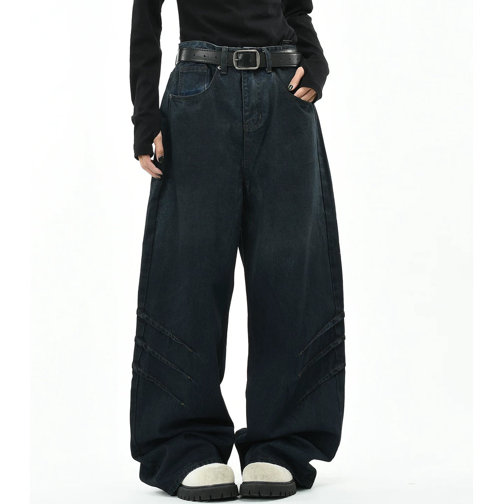 OV original American style dirty dyed distressed folded washed denim jeans for men and women, loose wide leg pants for the streets, men's fashion