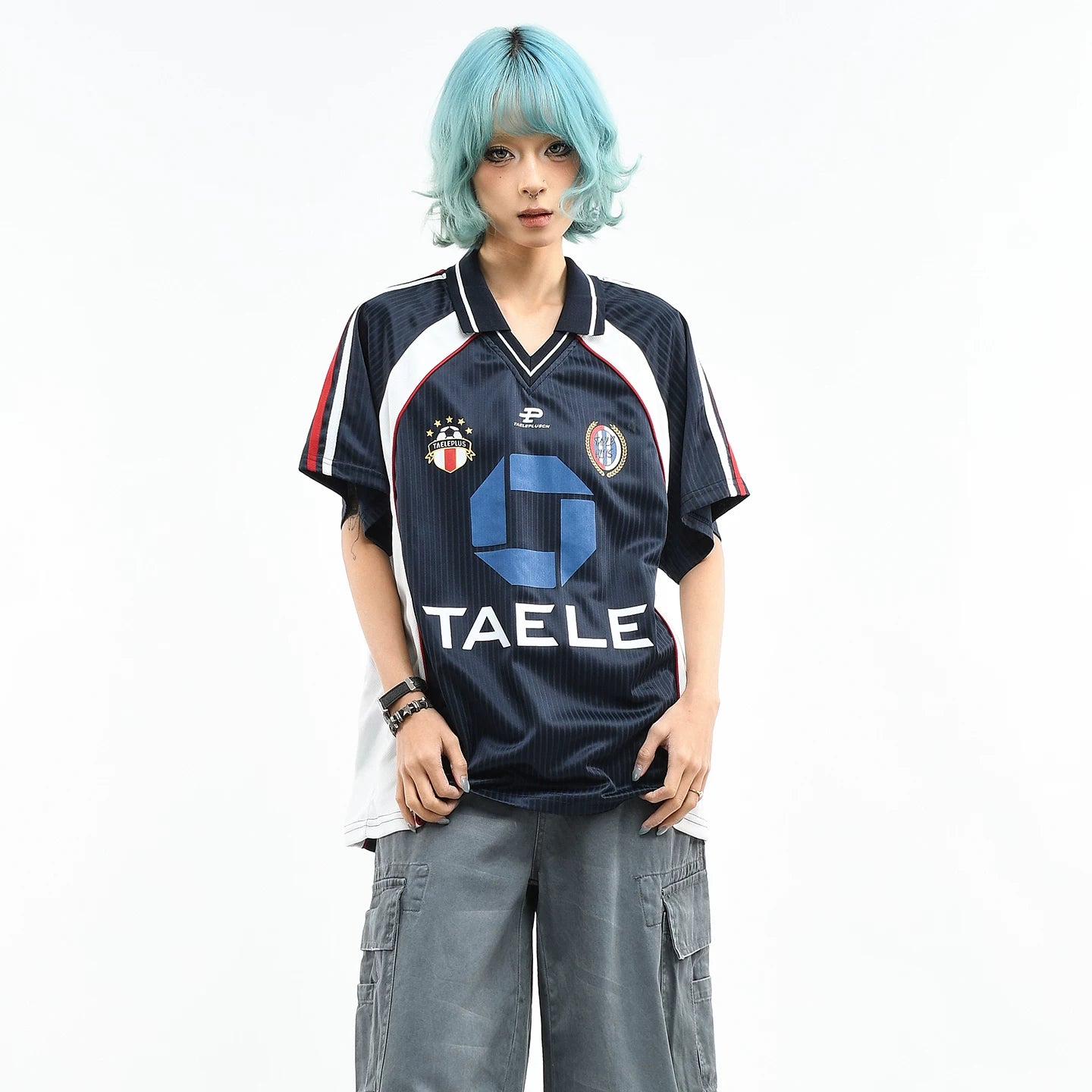 OV original American retro contrasting color jersey sports short sleeved T-shirt women's summer loose V-neck casual couple top men