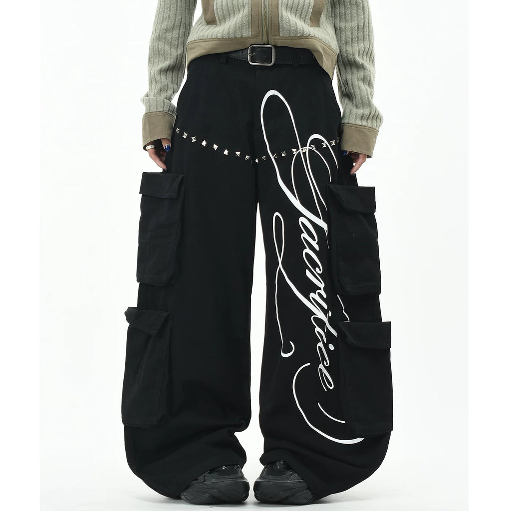 OV Original American Shaped Riveted Multi Pocket Work Pants for Men and Women, Street Loose Wide Leg Trendy Brand Casual Long Pants
