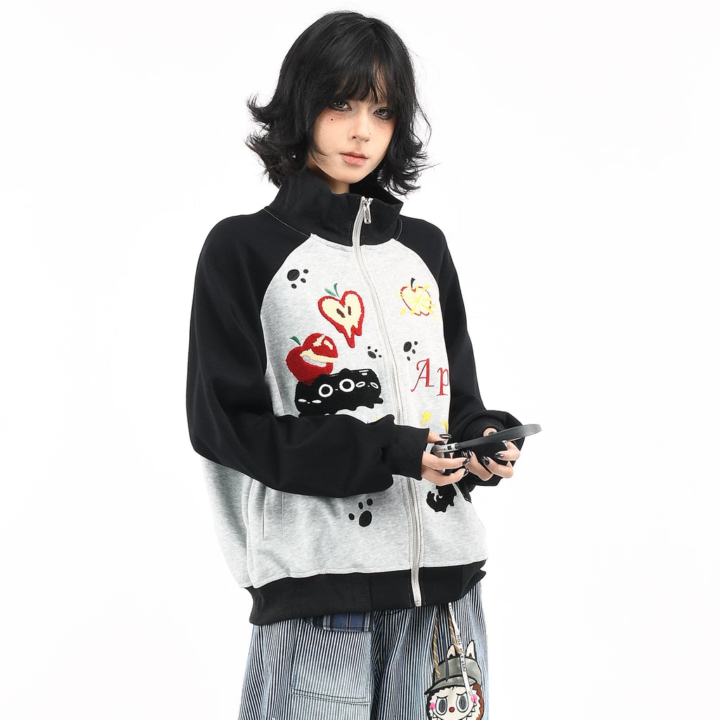 OV Original American Fun Cat Towel Embroidery Cardigan Sweatshirt Men's and Women's Autumn Color Contrasting Loose Casual Coat Trendy