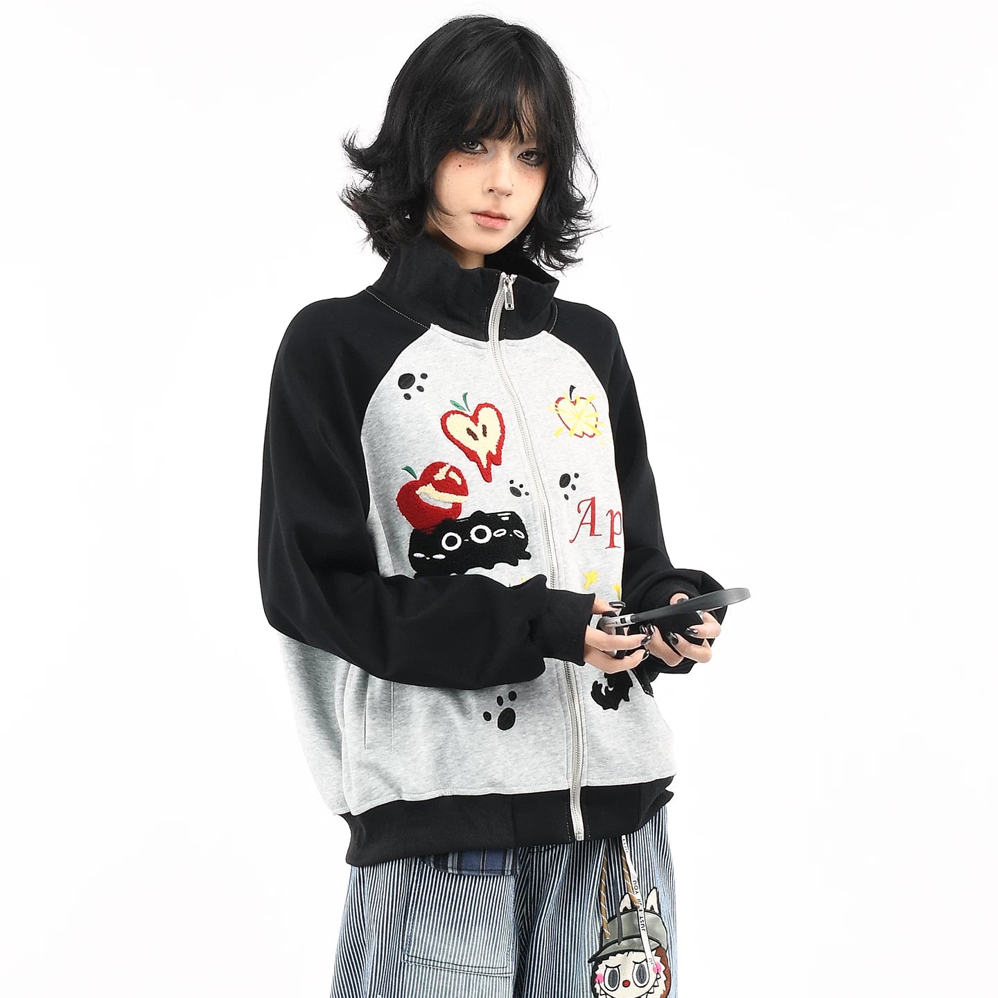 OV Original American Fun Cat Towel Embroidery Cardigan Sweatshirt Men's and Women's Autumn Color Contrasting Loose Casual Coat Trendy