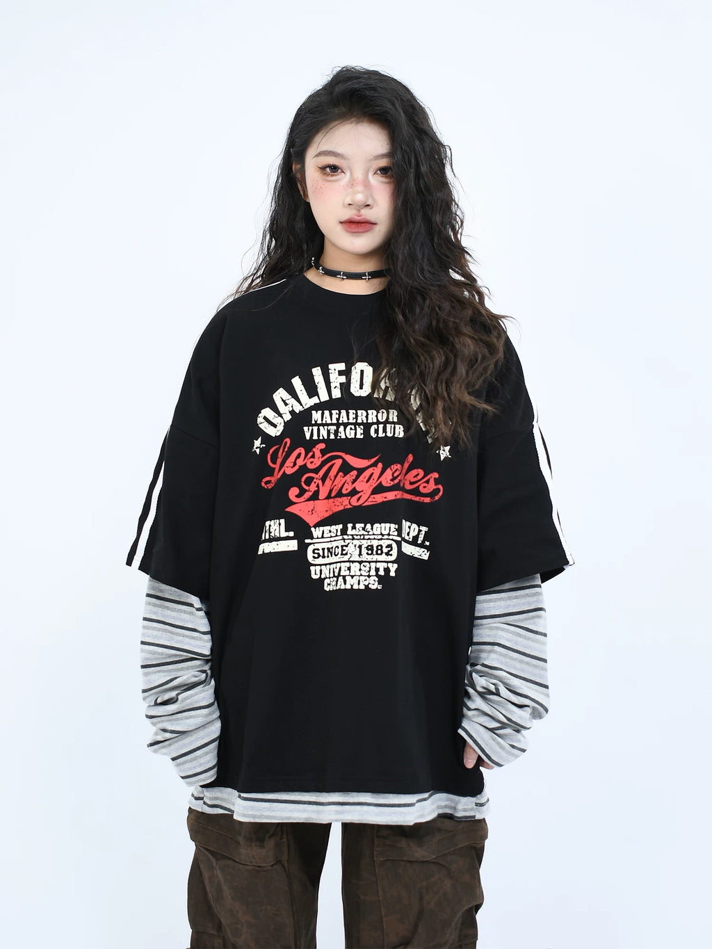 OV Original/Spring New American Retro Stripe Splicing Fake Two piece Long sleeved T-shirt for Men and Women Loose Couple Top