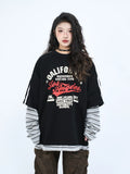 OV Original/Spring New American Retro Stripe Splicing Fake Two piece Long sleeved T-shirt for Men and Women Loose Couple Top