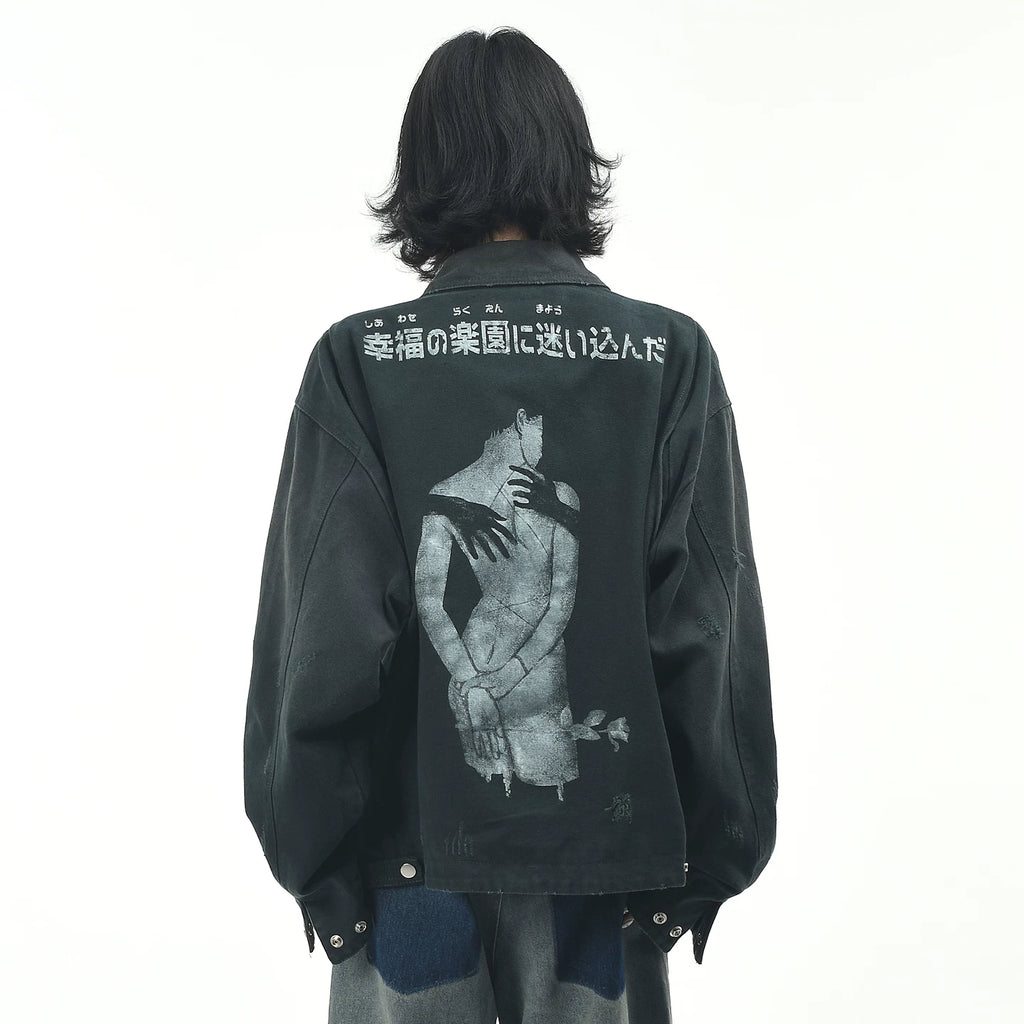 OV original American retro character print distressed washed workwear jacket for men and women in autumn loose collar jacket trend