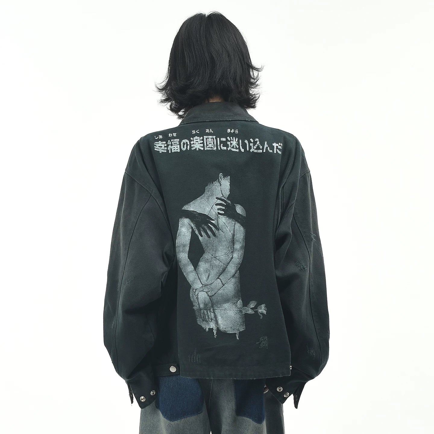 OV original American retro character print distressed washed workwear jacket for men and women in autumn loose collar jacket trend