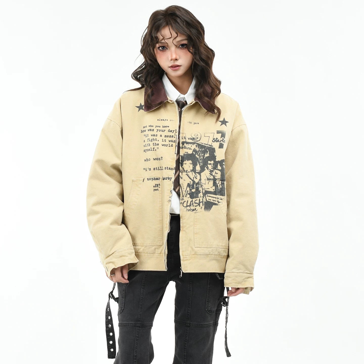 OV Original American Retro Character Printed Detroit Velvet Jacket Women's Winter Loose Vintage Warm Cotton Jacket Men
