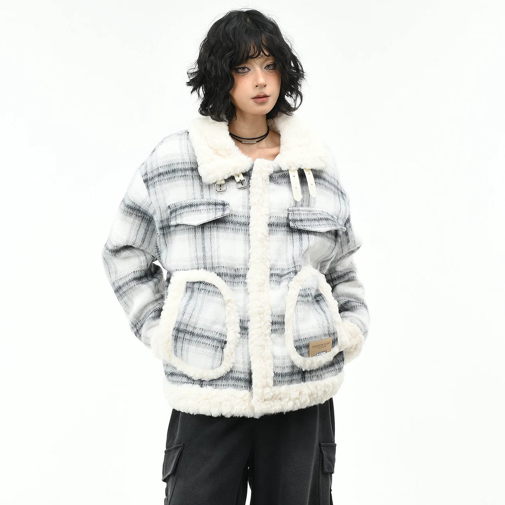 OV Original American Retro Checkered Lamb Fleece Collar Coat for Women in Winter, Loose and Warm, Cotton Jacket with Velvet, Cotton Jacket for Men