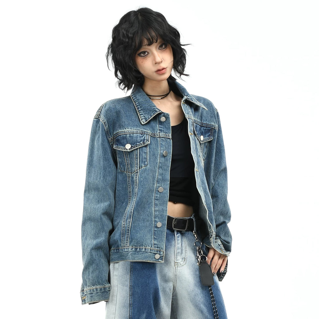 OV original American retro washed vintage denim jacket for men and women, autumn street casual versatile short jacket trend