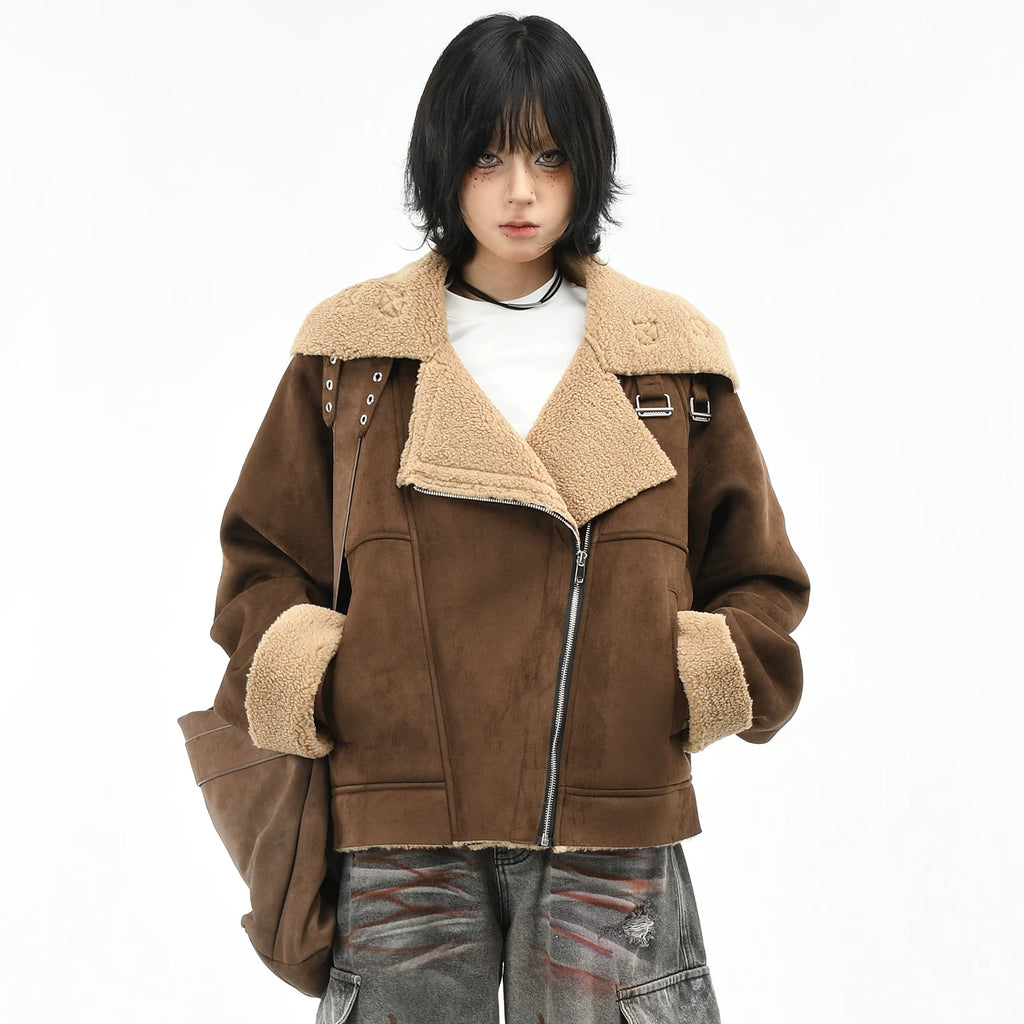 OV original American retro suede fur integrated fleece jacket for women in winter, short jacket for men, trendy