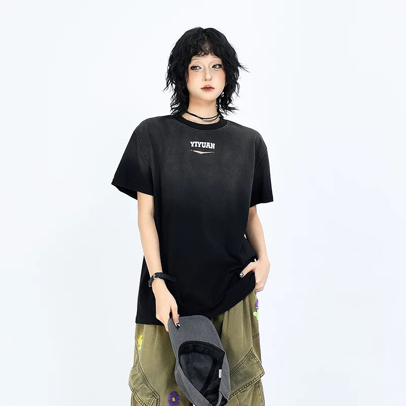 OV original/Summer American retro gradient tie dye short sleeved T-shirt for men and women boxy shoulder Solona cool top