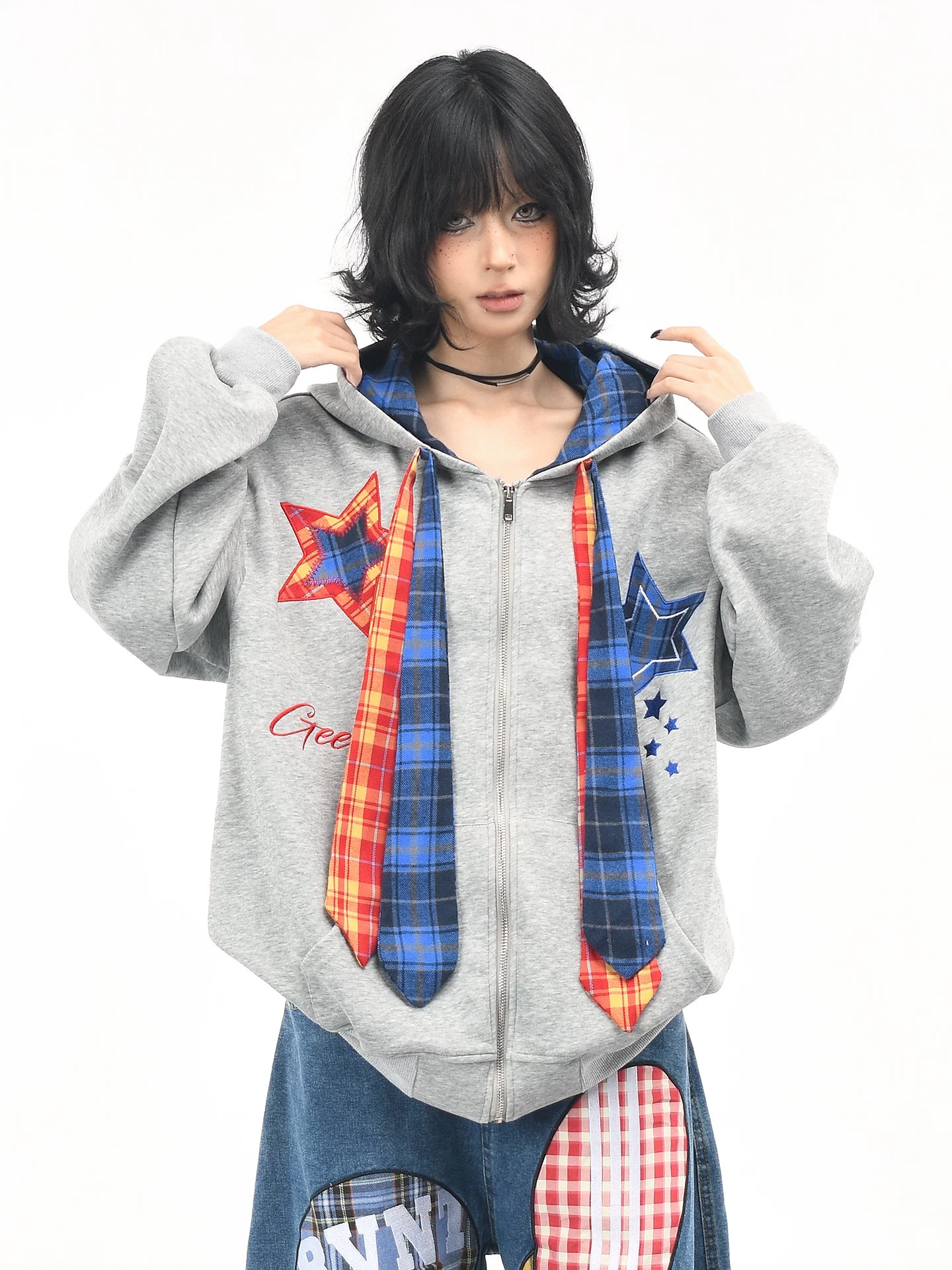OV original American retro plaid embroidered hooded sweatshirt for women, autumn loose tie design, cardigan jacket for men