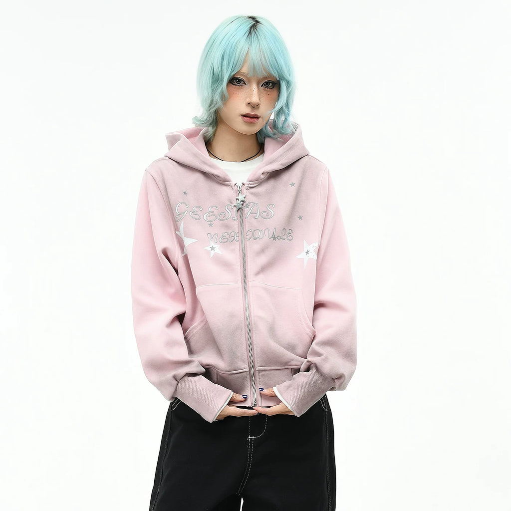 OV original retro star print dirty dye vintage hooded sweatshirt women's autumn short zipper cardigan trendy brand jacket