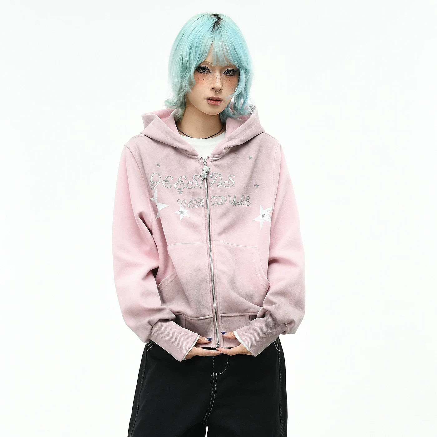 OV original retro star print dirty dye vintage hooded sweatshirt women's autumn short zipper cardigan trendy brand jacket
