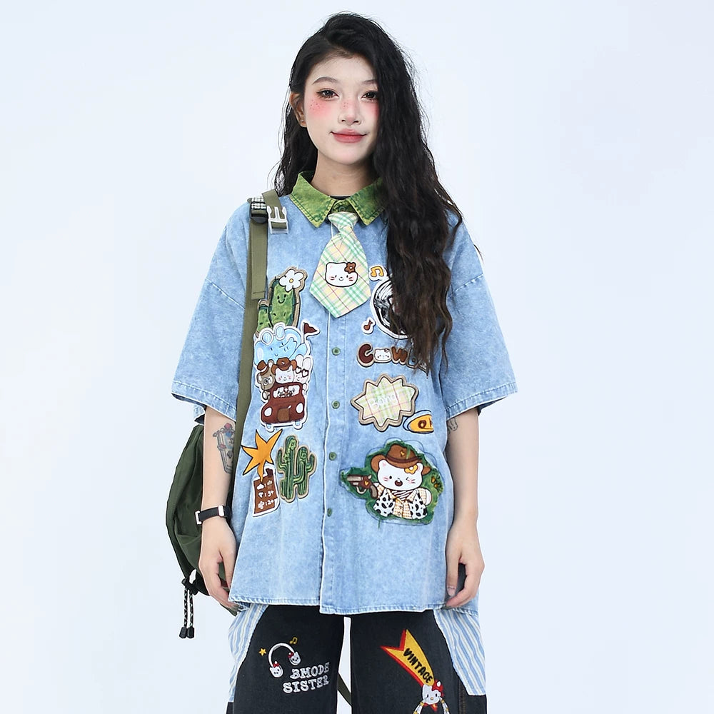 OV original summer cartoon sticker embroidery distressed washed denim shirt men's and women's loose short sleeved tie shirt trend