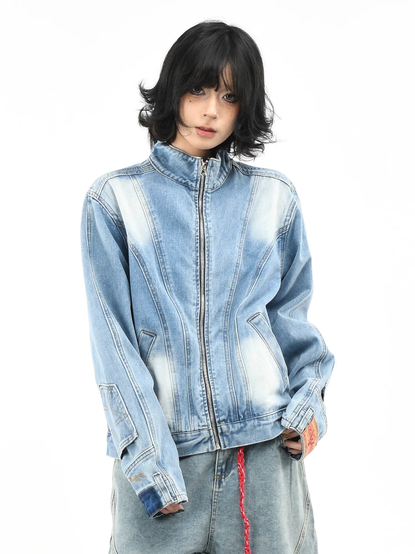 OV Original American Deconstruction Splicing Water Washed Cowboy Jacket for Women's Street Loose Pocket Inverted Design Autumn Jacket