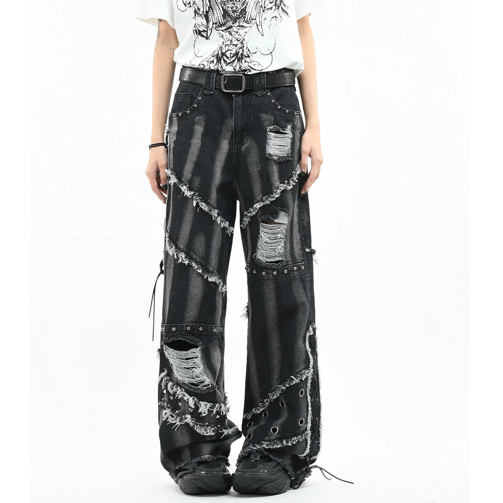 OV original American punk rivet distressed washed denim jeans for men and women, lightweight and loose straight leg with frayed edges, long pants