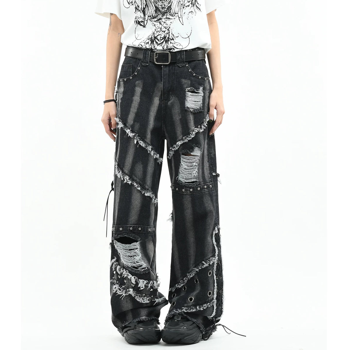 OV original American punk rivet distressed washed denim jeans for men and women, lightweight and loose straight leg with frayed edges, long pants